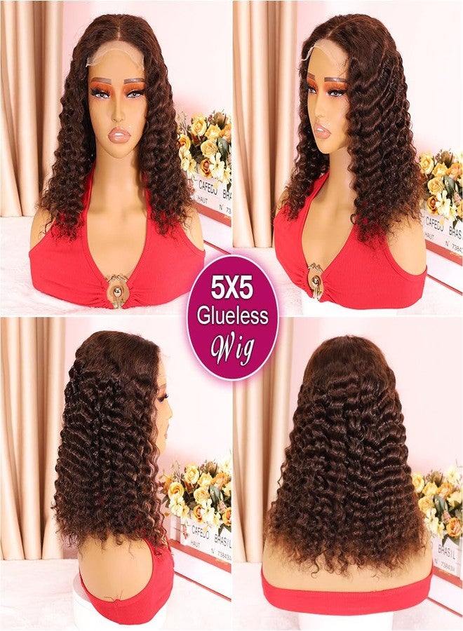 Ailwelia Curly Bob Wig Human Hair Deep Wave Glueless Wigs Human Hair Pre Plucked Pre Cut 5x5 Wear And Go HD Lace Closure Wigs Human Hair For Black Women 200% Density Chocolate Brown Color 14 Inch - Image 4
